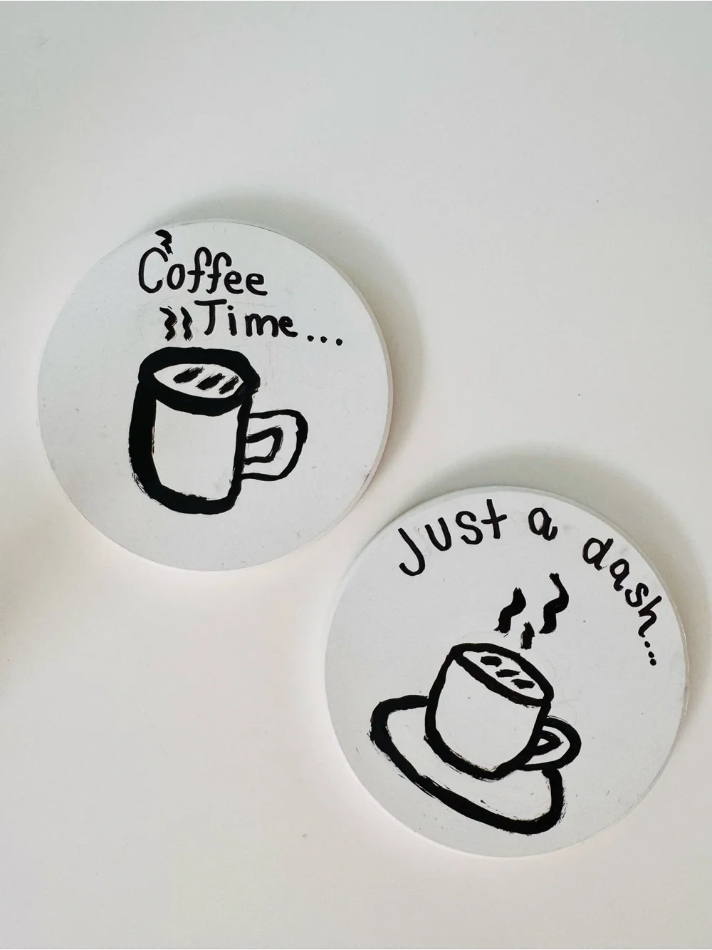 Coffee Time White Ceramic Coaster Pair with Black Print